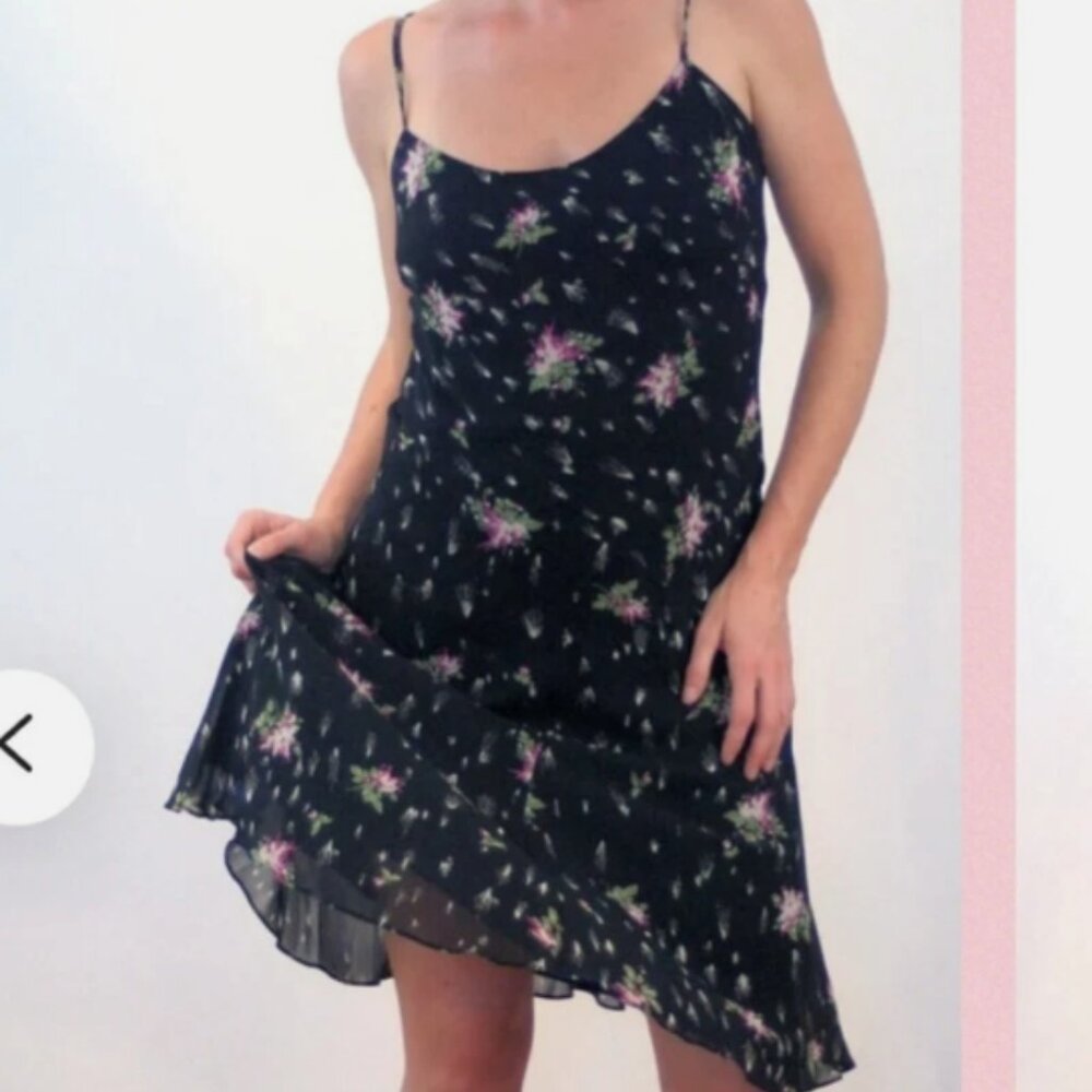 Banana Republic 100% Silk Midi Dress Y2k Deadstock Women's Size 8 Black Floral